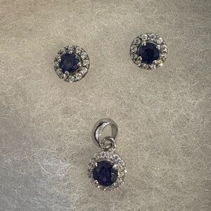 Blue Sapphire Stud Earrings and Necklace Pendant Set New